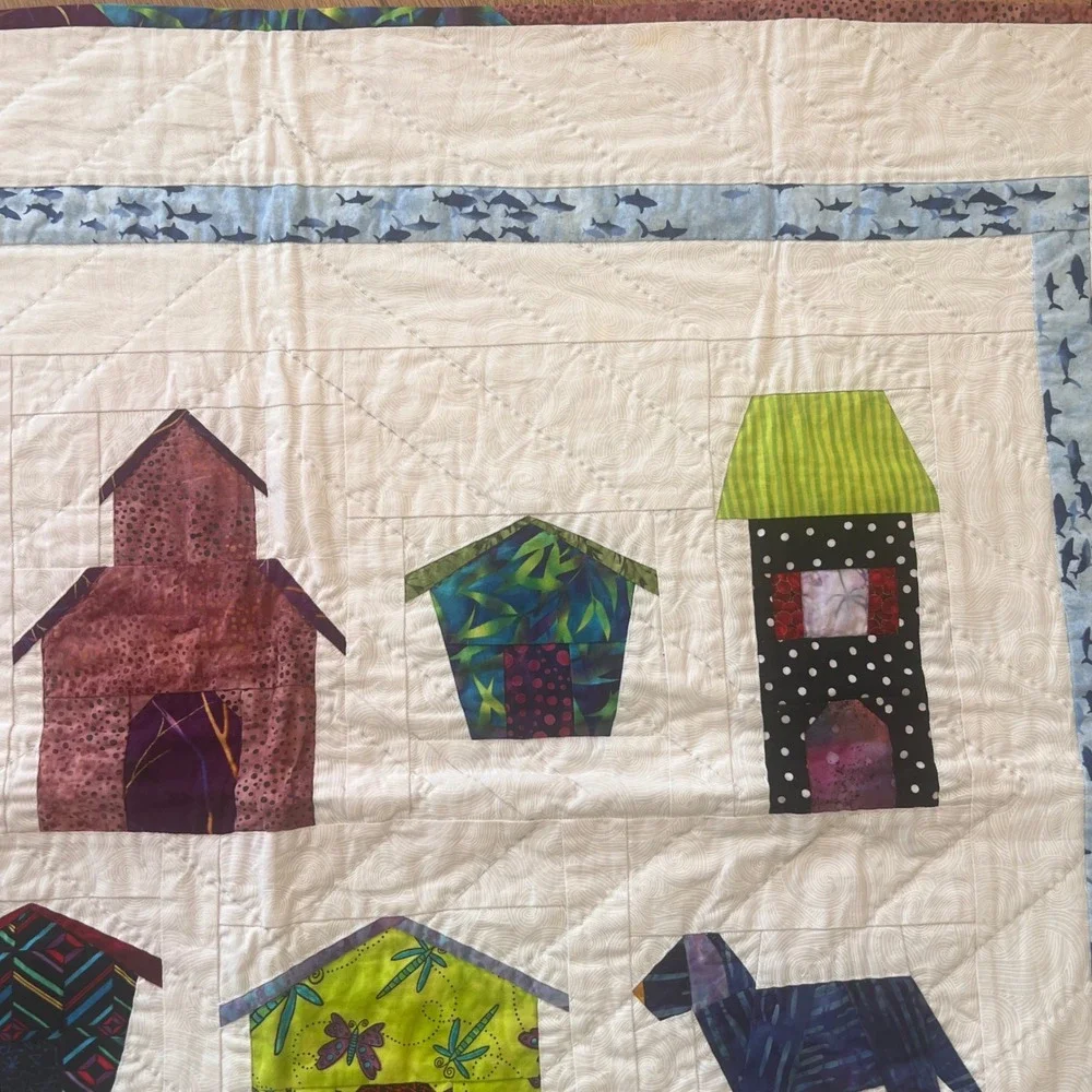 Handmade Quilted Wall Hanging Small Blanket Colorful Houses Dog Shark Border
